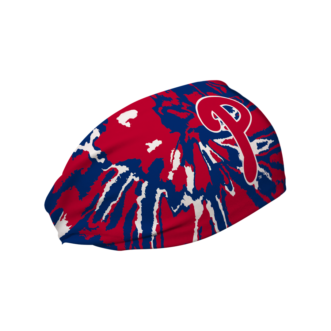 Side view of MLB Philadelphia Phillies tie-dye headband with alt cap logo. Made in USA, Vertical Athletics brand.  