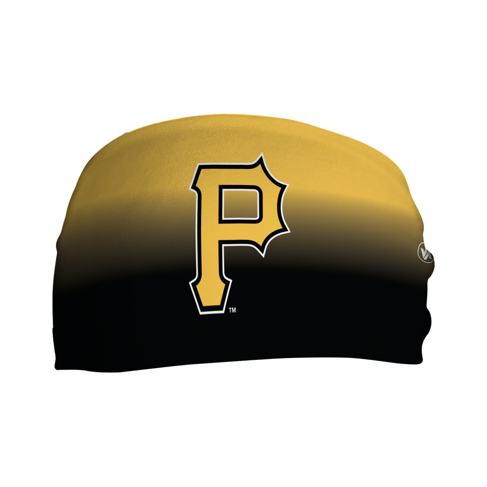 Front view of MLB Pittsburgh Pirates ombre headband with alt cap logo. Made in USA, Vertical Athletics brand. 