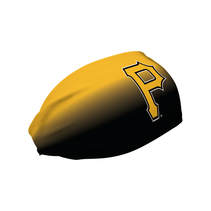 Side view of MLB Pittsburgh Pirates ombre headband with alt cap logo. Made in USA, Vertical Athletics brand.  
