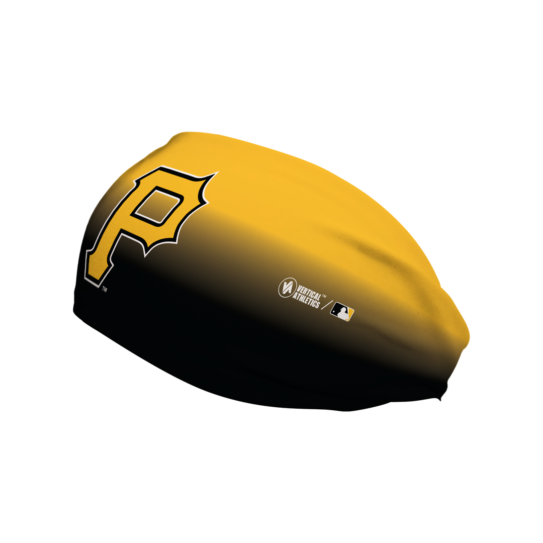 Side view of MLB Pittsburgh Pirates ombre headband with alt cap logo. Made in USA, Vertical Athletics brand.  