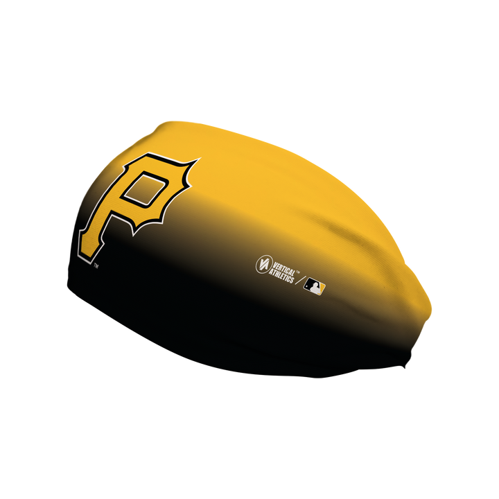 Side view of MLB Pittsburgh Pirates ombre headband with alt cap logo. Made in USA, Vertical Athletics brand.  