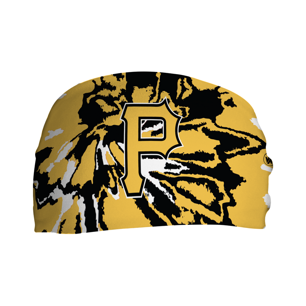 Front view of MLB Pittsburgh Pirates tie-dye headband with alt cap logo. Made in USA, Vertical Athletics brand. 