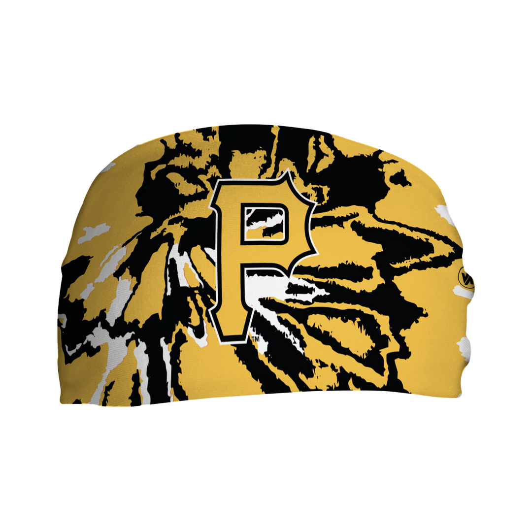 Front view of MLB Pittsburgh Pirates tie-dye headband with alt cap logo. Made in USA, Vertical Athletics brand. 