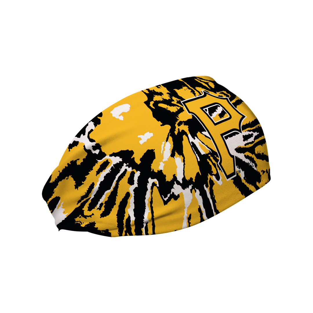 Side view of MLB Pittsburgh Pirates tie-dye headband with alt cap logo. Made in USA, Vertical Athletics brand. 