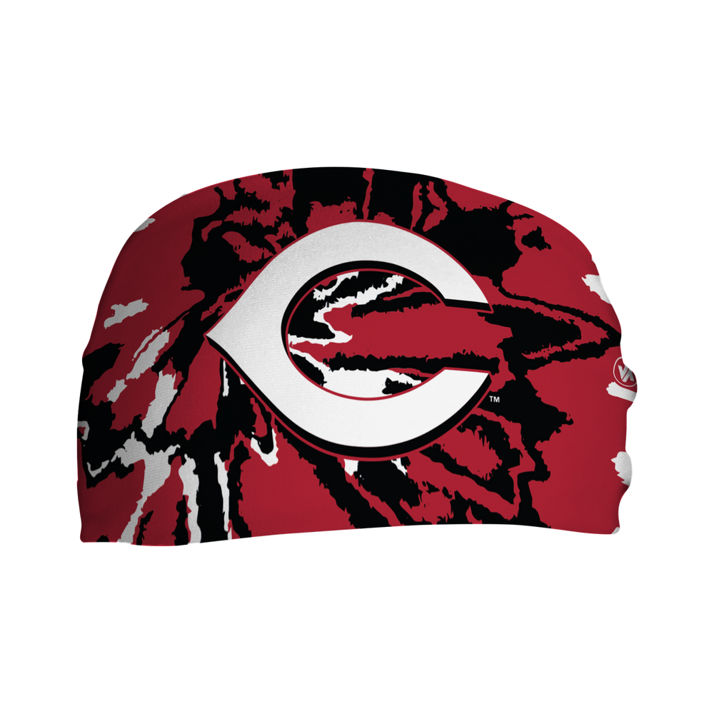 Front view of MLB Cincinnati Reds Tie-Dye headband with cap logo. Made in USA, Vertical Athletics brand.
