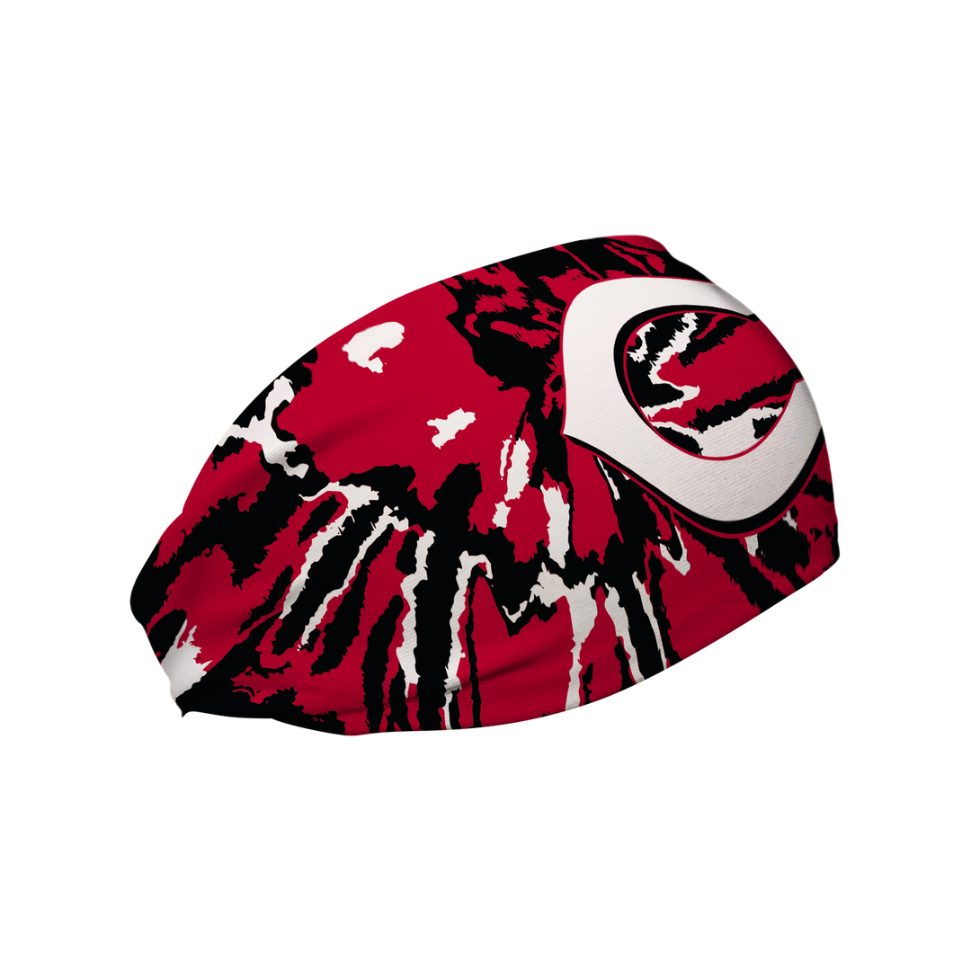 Side view of MLB Cincinnati Reds Tie-Dye headband with cap logo. Made in USA, Vertical Athletics brand.
