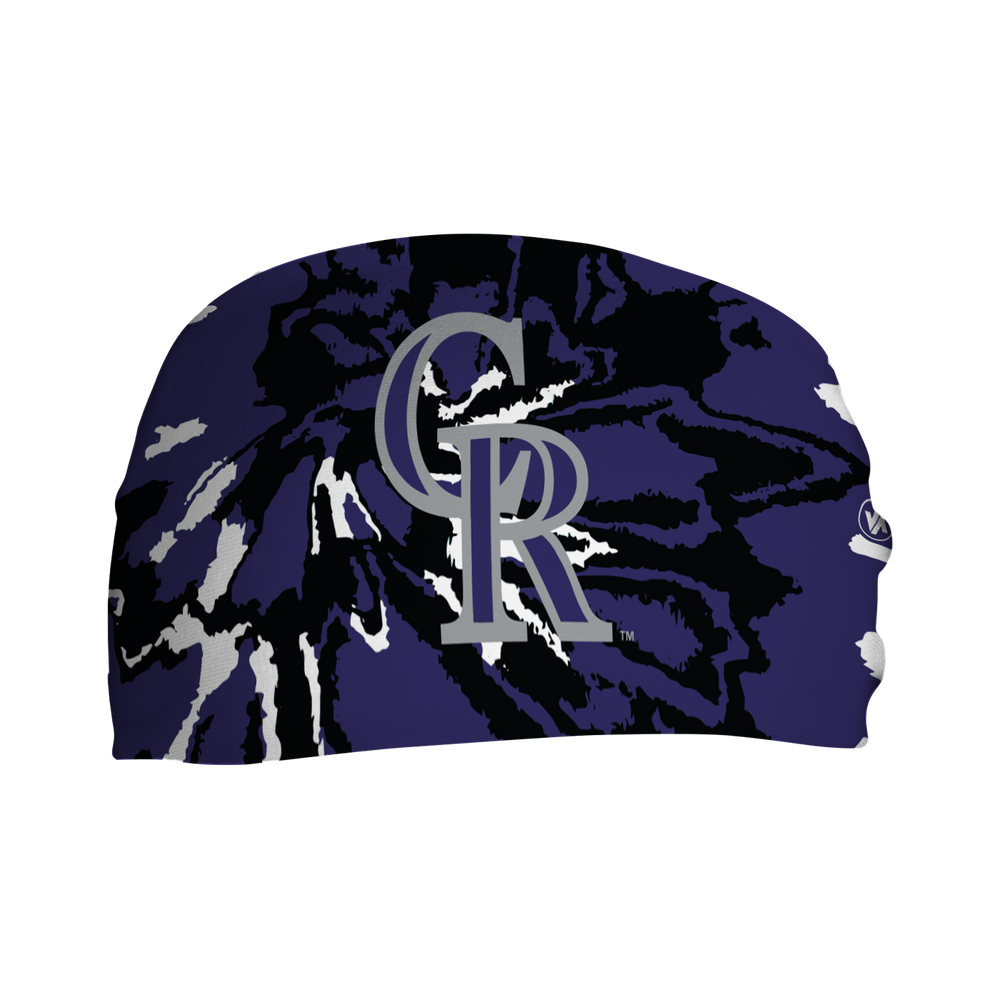 Front view of Colorado Rockies Tie-Dye  headband with cap logo. Made in USA, Vertical Athletics brand.  