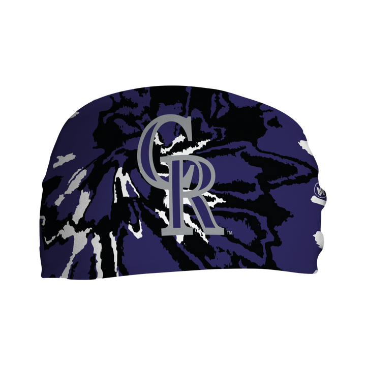 Front view of Colorado Rockies Tie-Dye  headband with cap logo. Made in USA, Vertical Athletics brand.  