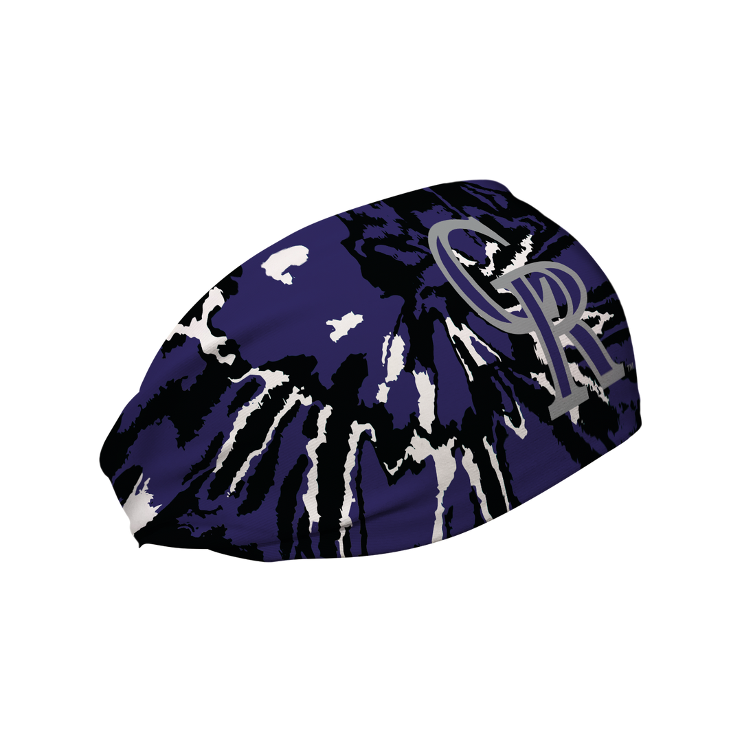 Side view of Colorado Rockies Tie-Dye  headband with cap logo. Made in USA, Vertical Athletics brand.  