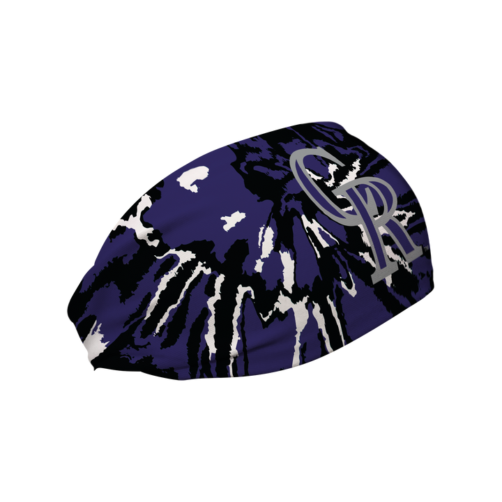 Side view of Colorado Rockies Tie-Dye  headband with cap logo. Made in USA, Vertical Athletics brand.  