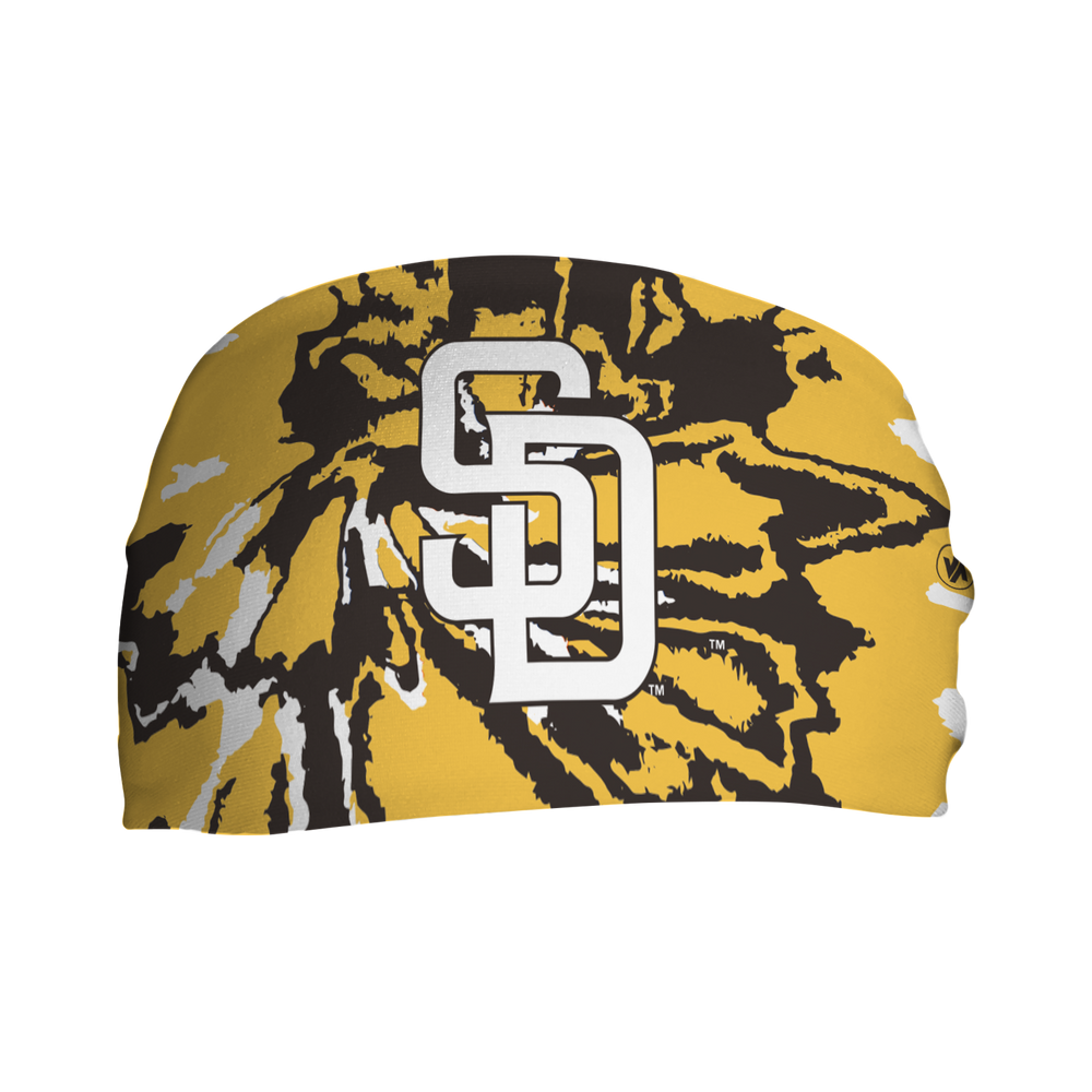 Front view of MLB San Diego Padres Tie-Dye headband with cap logo. Made in USA, Vertical Athletics brand.