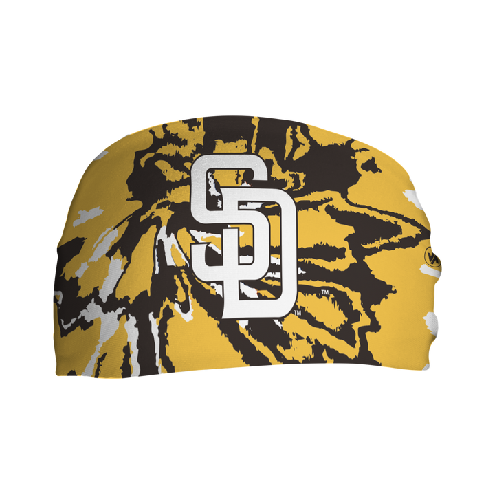 Front view of MLB San Diego Padres Tie-Dye headband with cap logo. Made in USA, Vertical Athletics brand.