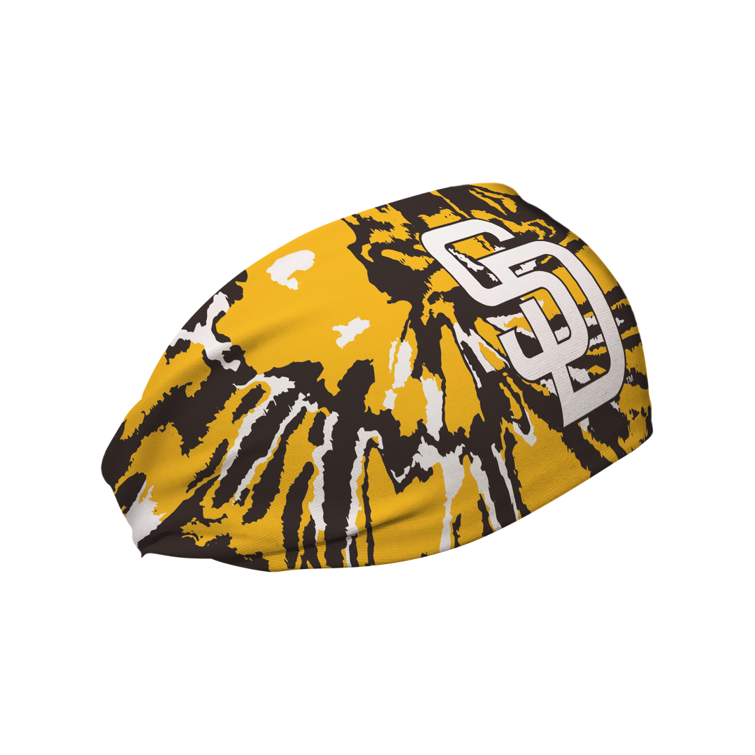 Side view of MLB San Diego Padres Tie-Dye headband with cap logo. Made in USA, Vertical Athletics brand.