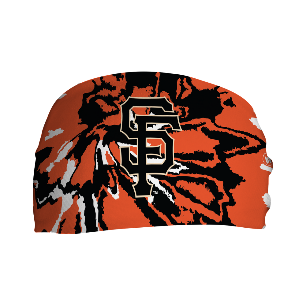 Front view of MLB San Francisco Giants Tie-Dye headband with cap logo. Made in USA, Vertical Athletics brand. 