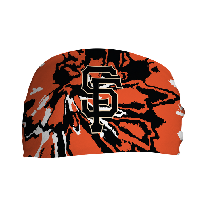 Front view of MLB San Francisco Giants Tie-Dye headband with cap logo. Made in USA, Vertical Athletics brand. 