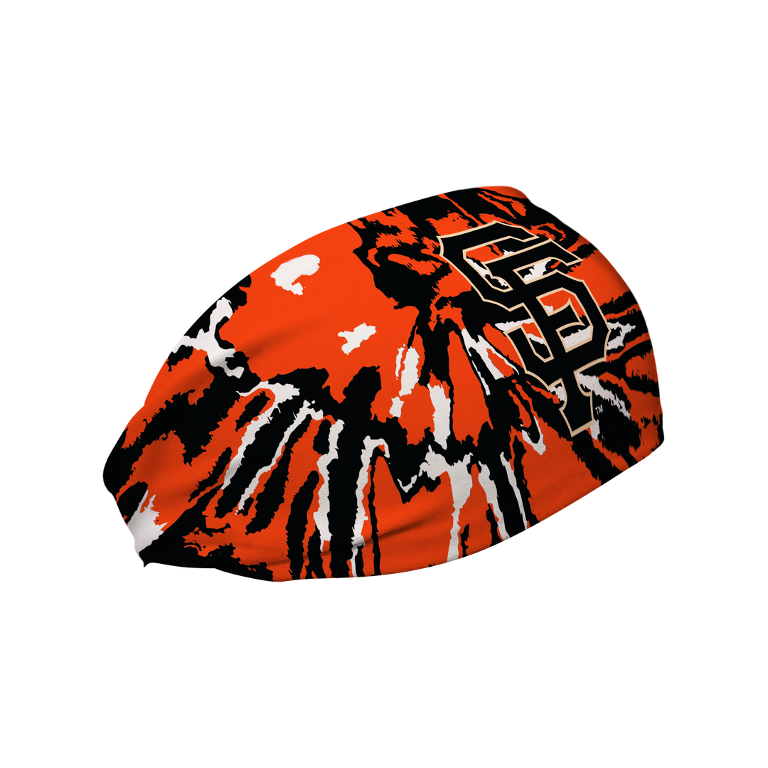 Side view of MLB San Francisco Giants Tie-Dye headband with cap logo. Made in USA, Vertical Athletics brand. 