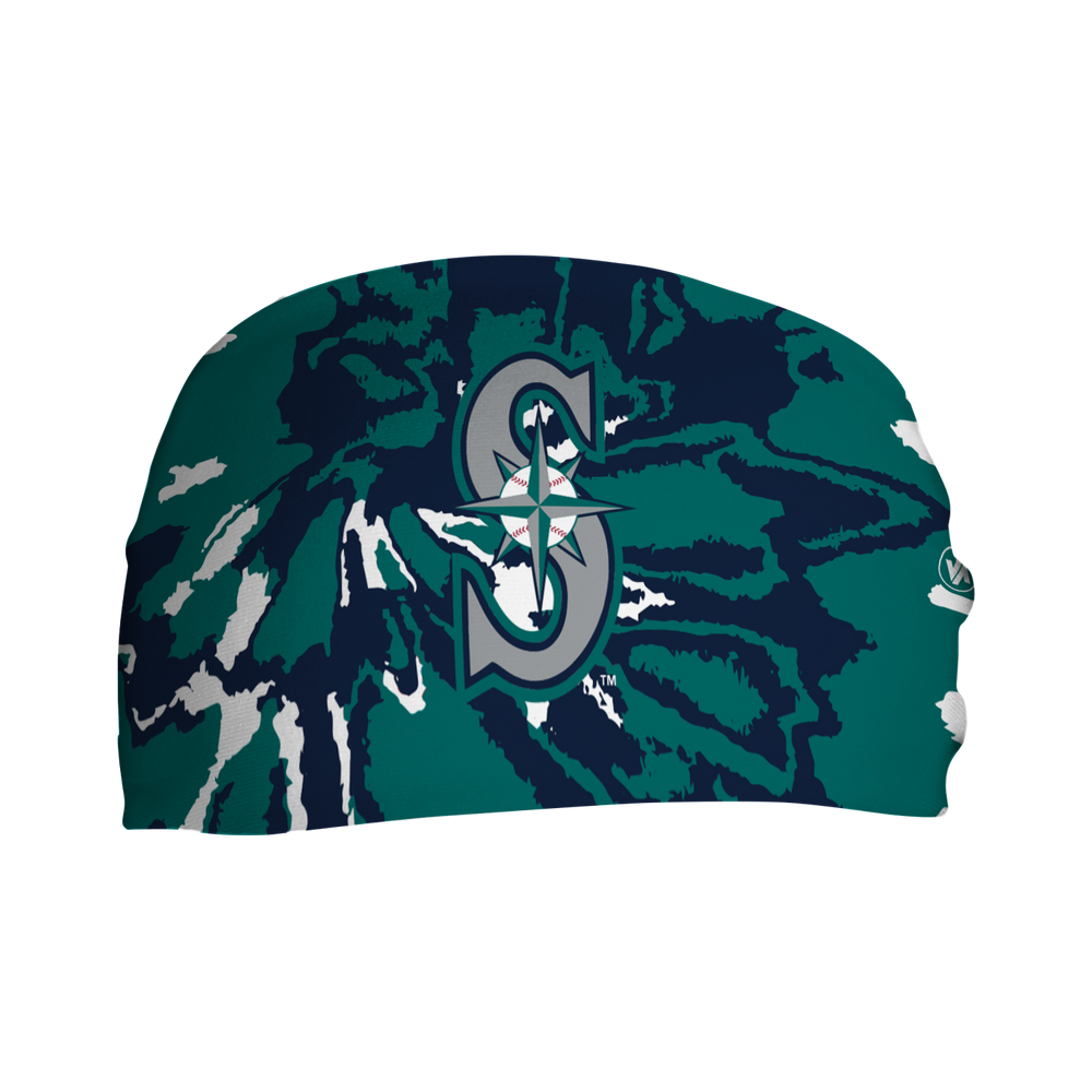 Front view of MLB Seattle Mariners tie-dye  headband with cap logo. Made in USA, Vertical Athletics brand.  