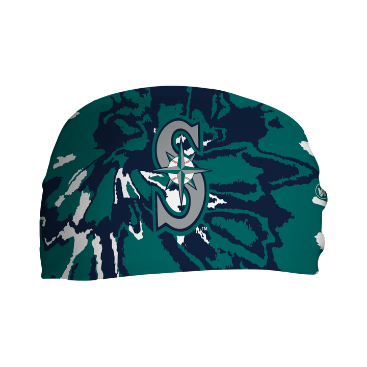 Front view of MLB Seattle Mariners tie-dye  headband with cap logo. Made in USA, Vertical Athletics brand.  