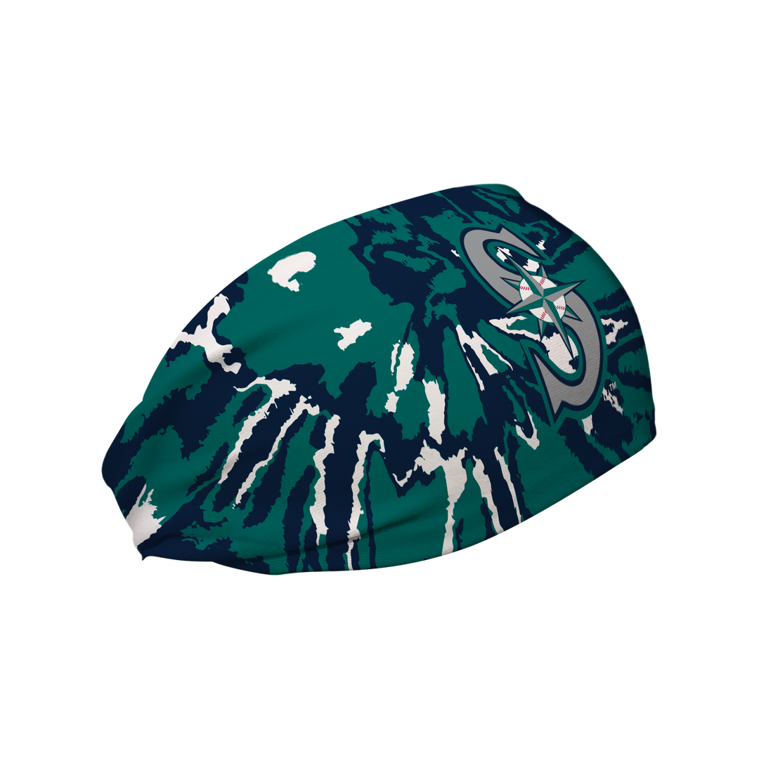 Side view of MLB Seattle Mariners tie-dye  headband with cap logo. Made in USA, Vertical Athletics brand.  