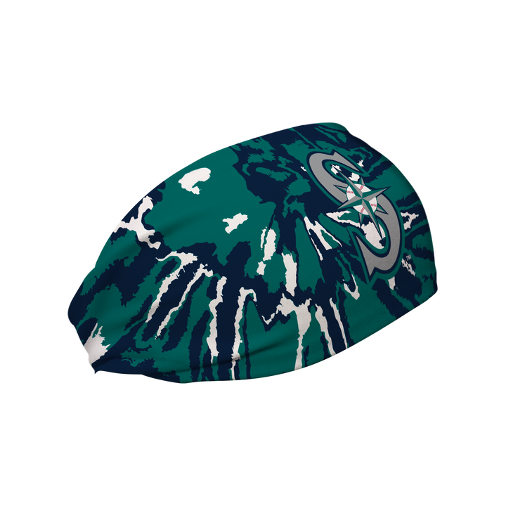 Side view of MLB Seattle Mariners tie-dye  headband with cap logo. Made in USA, Vertical Athletics brand.  