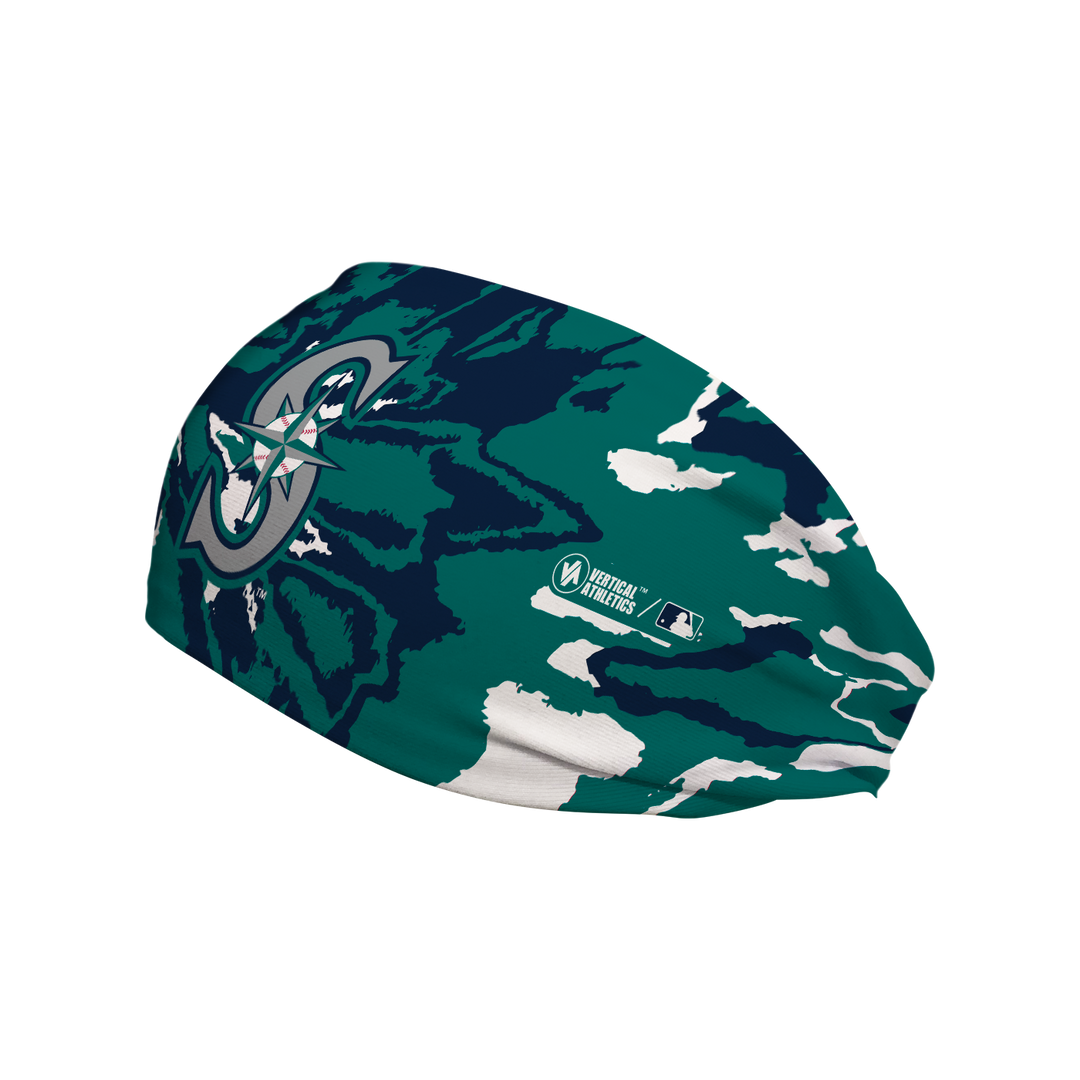 Side view of MLB Seattle Mariners tie-dye  headband with cap logo. Made in USA, Vertical Athletics brand.  