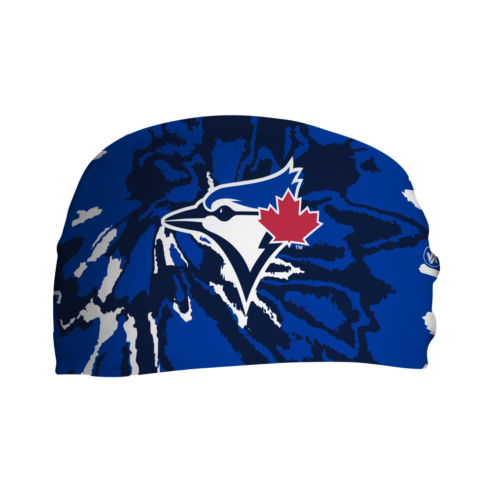 Front view of MLB Toronto Blue Jays Tie-Dye headband with cap logo. Made in USA, Vertical Athletics brand.  Not a Junk headband.