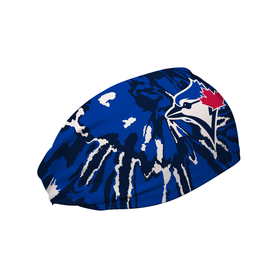 Side view of MLB Toronto Blue Jays Tie-Dye headband with cap logo. Made in USA, Vertical Athletics brand.  Not a Junk headband.