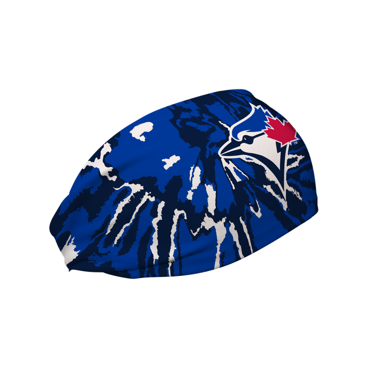 Side view of MLB Toronto Blue Jays Tie-Dye headband with cap logo. Made in USA, Vertical Athletics brand.  Not a Junk headband.