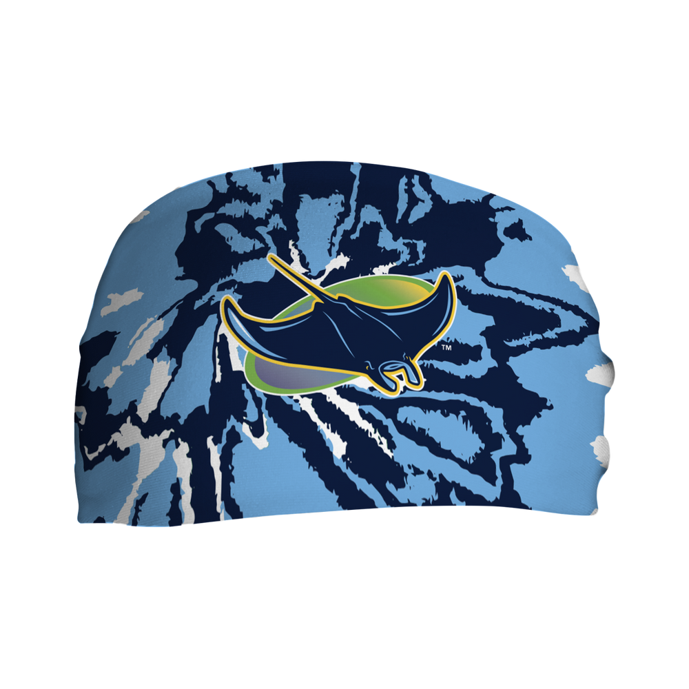 Front view of MLB Tampa Bay Rays Tie-Dye headband with alt logo. Made in USA, Vertical Athletics brand. 