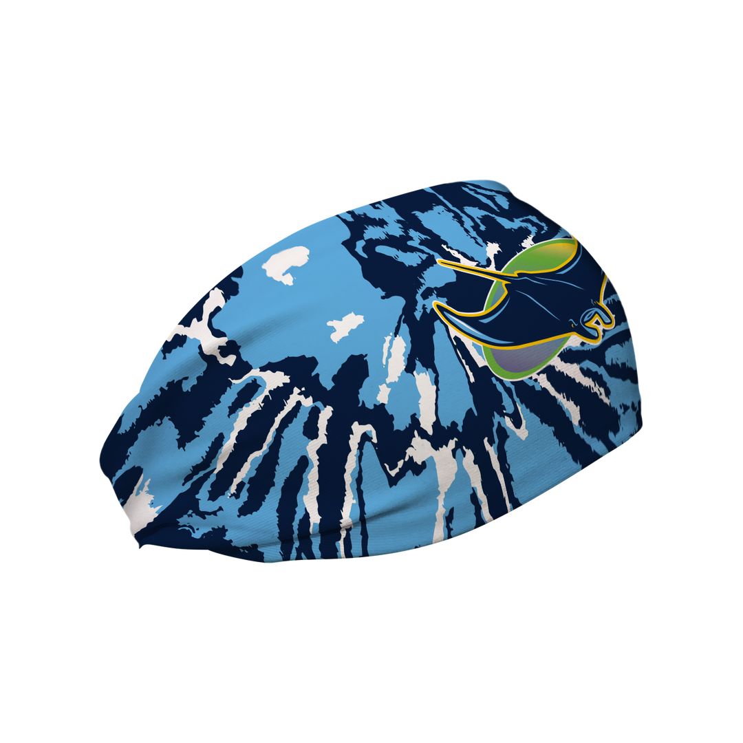Side view of MLB Tampa Bay Rays Tie-Dye headband with alt logo. Made in USA, Vertical Athletics brand.  