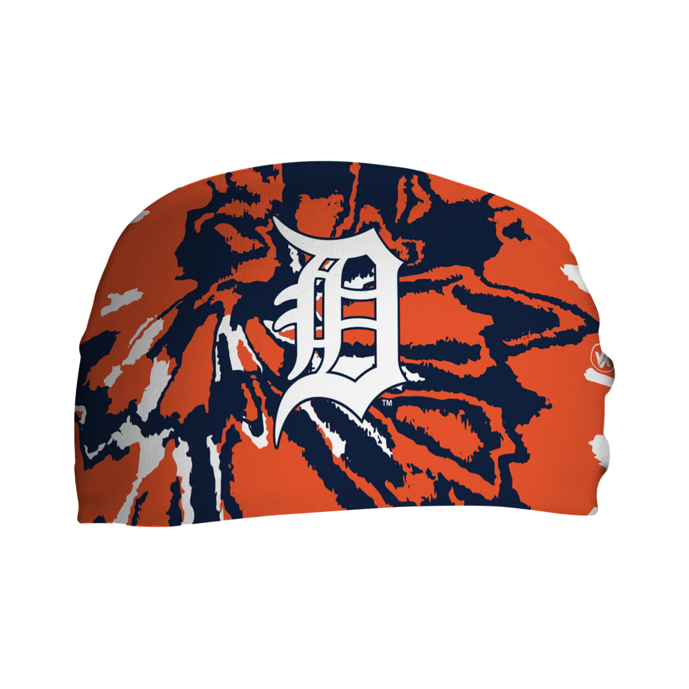 Front view of Detroit Tigers Team Tie-Dye headband with cap logo. Made in USA, Vertical Athletics brand. 