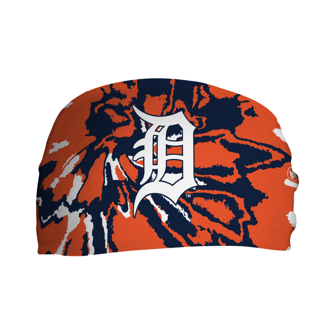 Front view of Detroit Tigers Team Tie-Dye headband with cap logo. Made in USA, Vertical Athletics brand. 