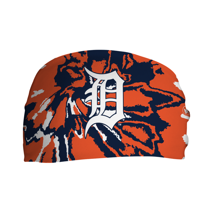 Front view of Detroit Tigers Team Tie-Dye headband with cap logo. Made in USA, Vertical Athletics brand. 