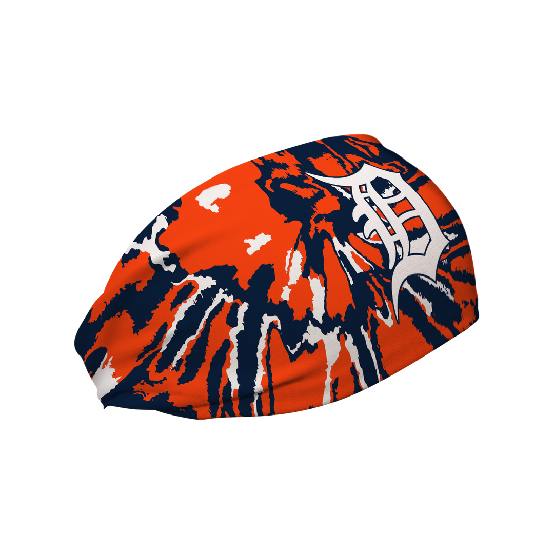 Side view of Detroit Tigers Team Tie-Dye headband with cap logo. Made in USA, Vertical Athletics brand. 