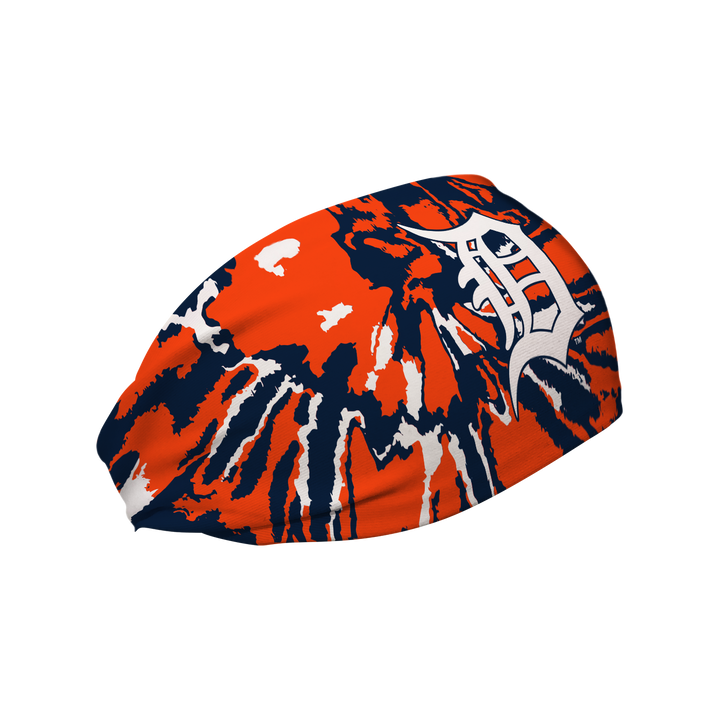Side view of Detroit Tigers Team Tie-Dye headband with cap logo. Made in USA, Vertical Athletics brand. 