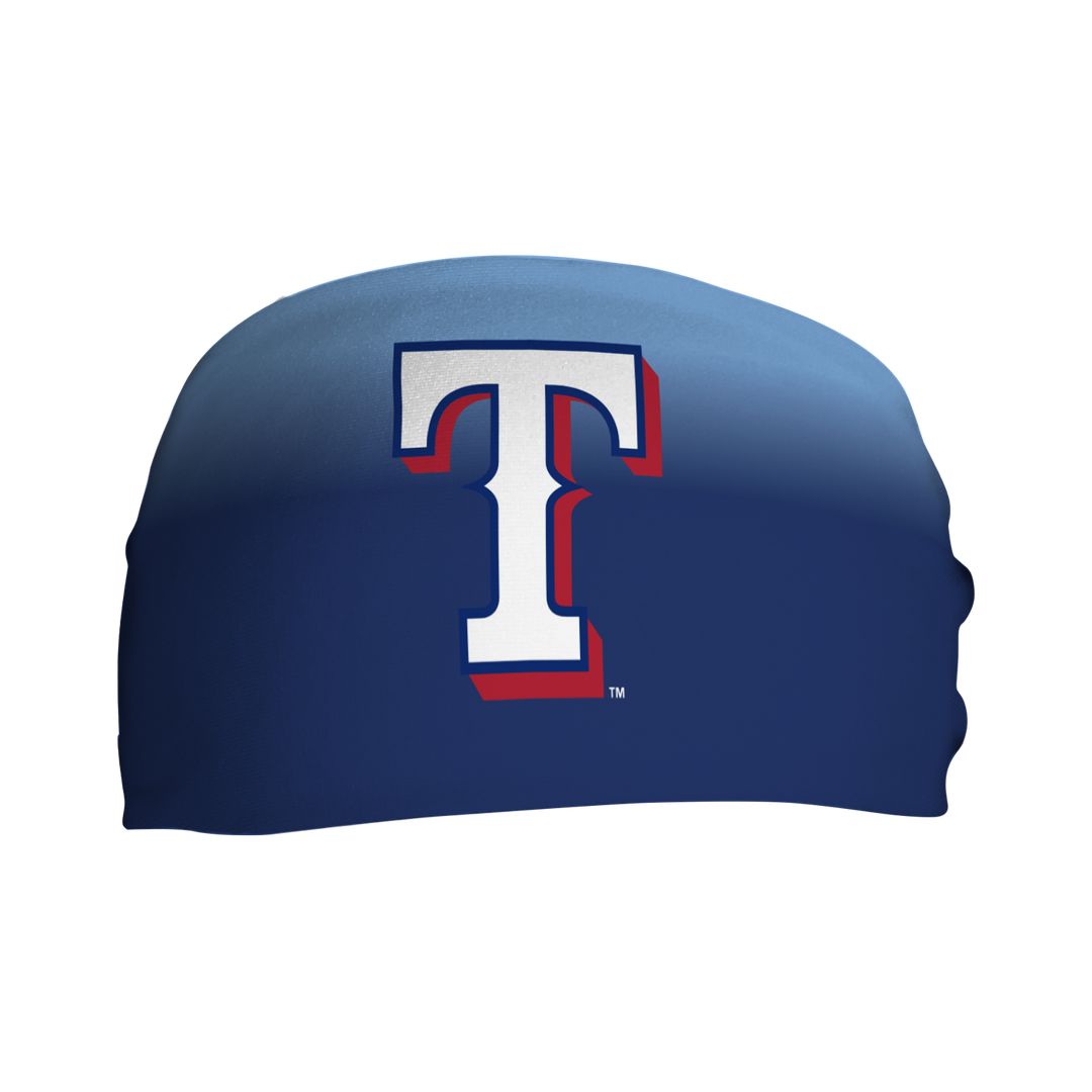 Front view of MLB Texas Rangers blue ombre headband with cap logo. Made in USA, Vertical Athletics brand.  