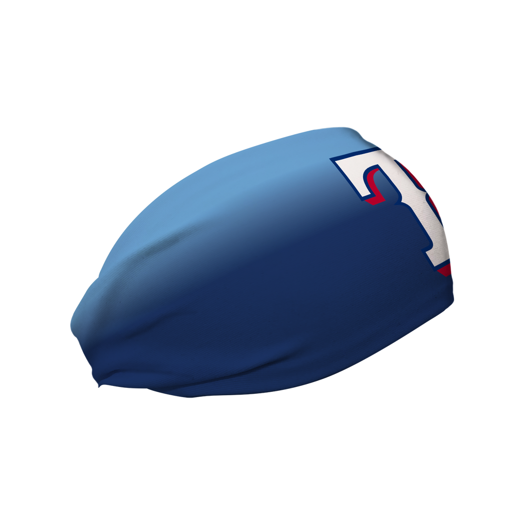 Side view of MLB Texas Rangers blue ombre headband with cap logo. Made in USA, Vertical Athletics brand.  