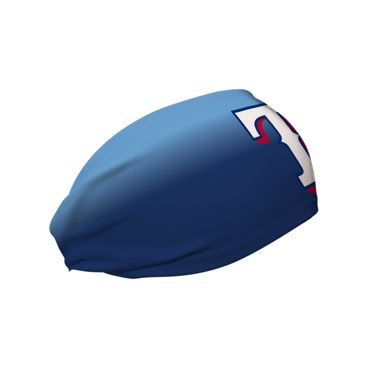Side view of MLB Texas Rangers blue ombre headband with cap logo. Made in USA, Vertical Athletics brand.  