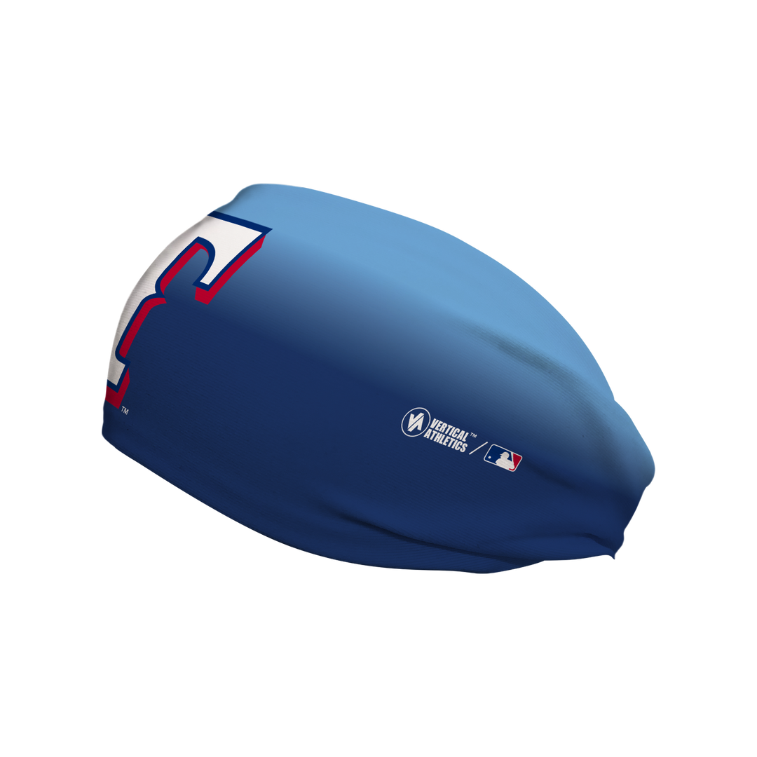 Side view of MLB Texas Rangers blue ombre headband with cap logo. Made in USA, Vertical Athletics brand.  