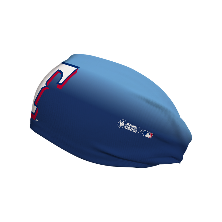 Side view of MLB Texas Rangers blue ombre headband with cap logo. Made in USA, Vertical Athletics brand.  