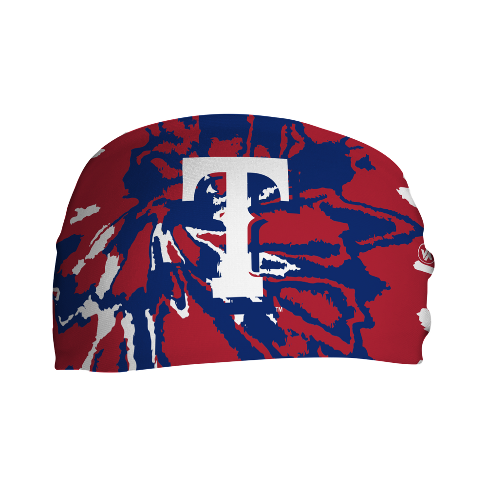 Front view of MLB Tampa Bay Rays Tie-Dye headband with cap logo. Made in USA, Vertical Athletics brand.