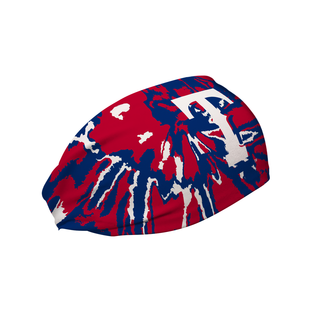 Side view of MLB Tampa Bay Rays Tie-Dye headband with cap logo. Made in USA, Vertical Athletics brand.