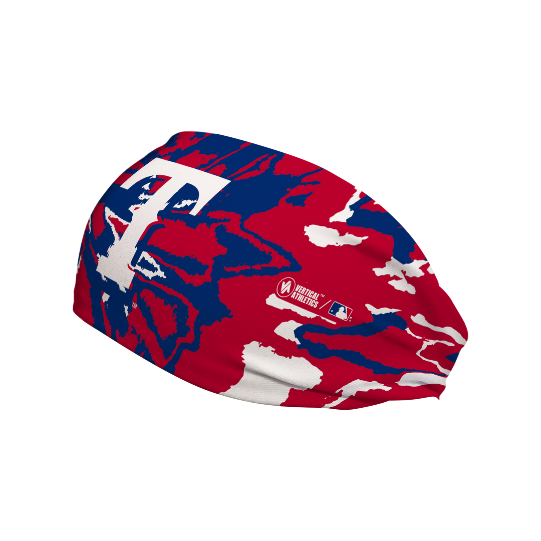 Side view of MLB Tampa Bay Rays Tie-Dye headband with cap logo. Made in USA, Vertical Athletics brand.