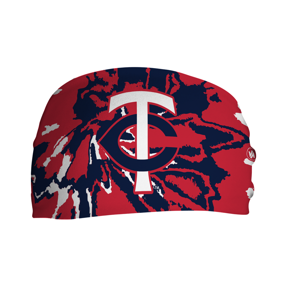 Front  view of MLB Minnesota Twins tie-dye  headband with cap logo. Made in USA, Vertical Athletics brand.  