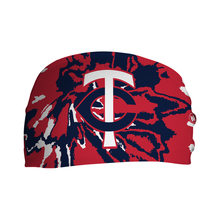 Front  view of MLB Minnesota Twins tie-dye  headband with cap logo. Made in USA, Vertical Athletics brand.  