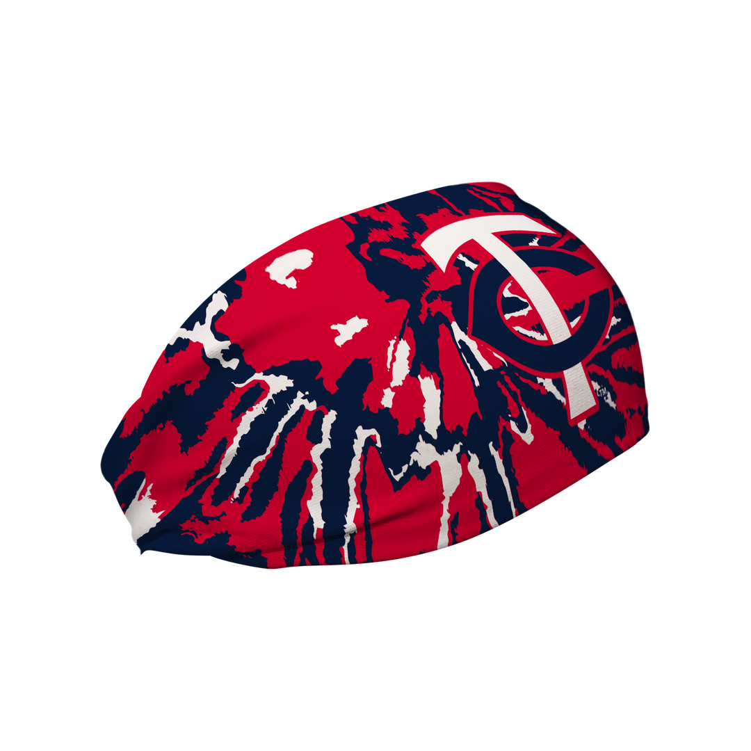 Side view of MLB Minnesota Twins tie-dye  headband with cap logo. Made in USA, Vertical Athletics brand. 