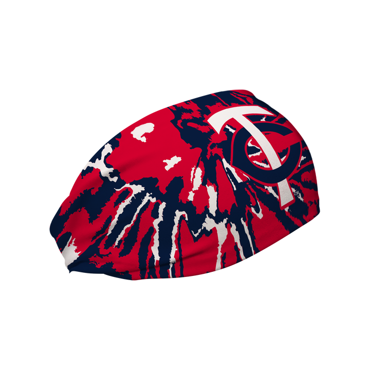 Side view of MLB Minnesota Twins tie-dye  headband with cap logo. Made in USA, Vertical Athletics brand. 