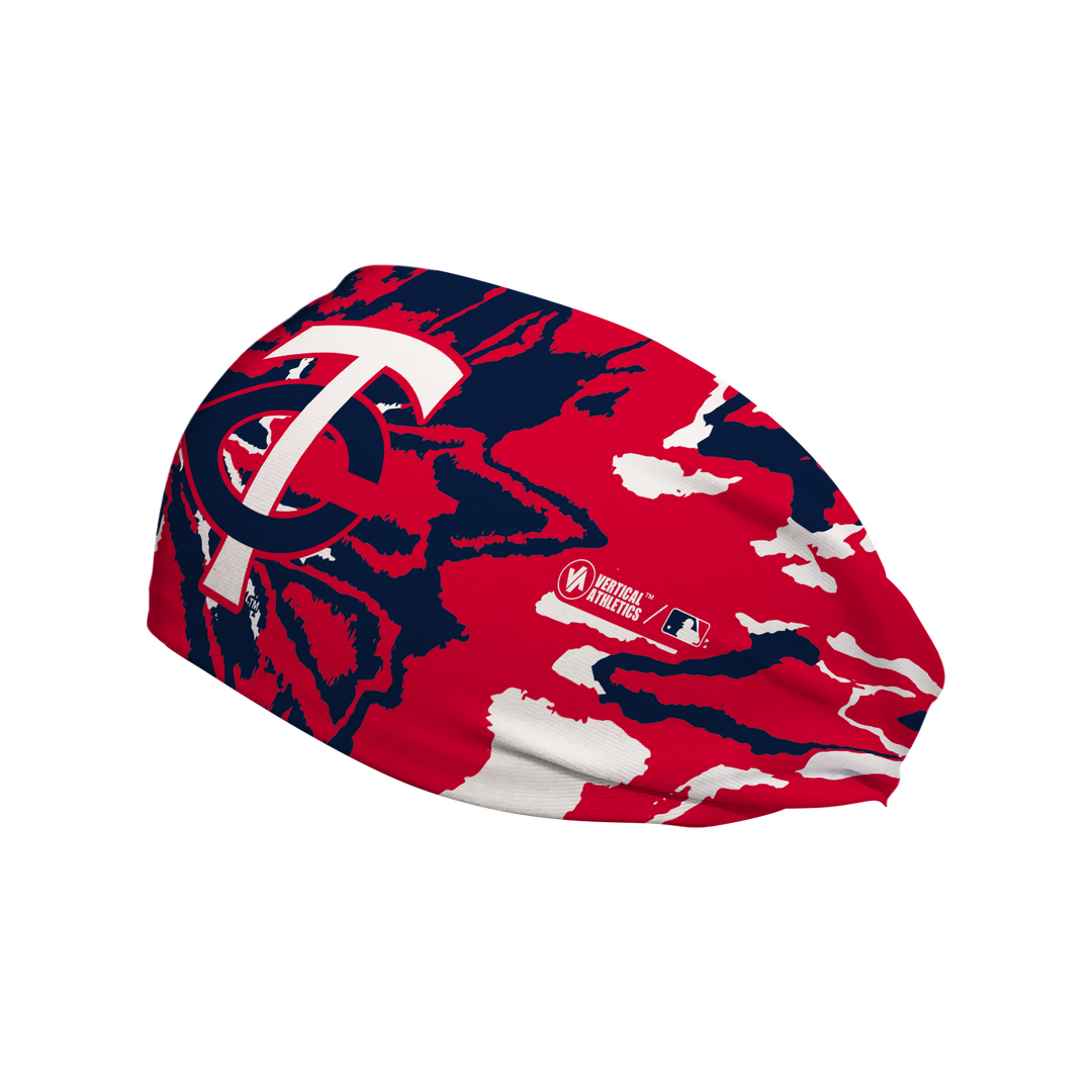 Side view of MLB Minnesota Twins tie-dye  headband with cap logo. Made in USA, Vertical Athletics brand.  