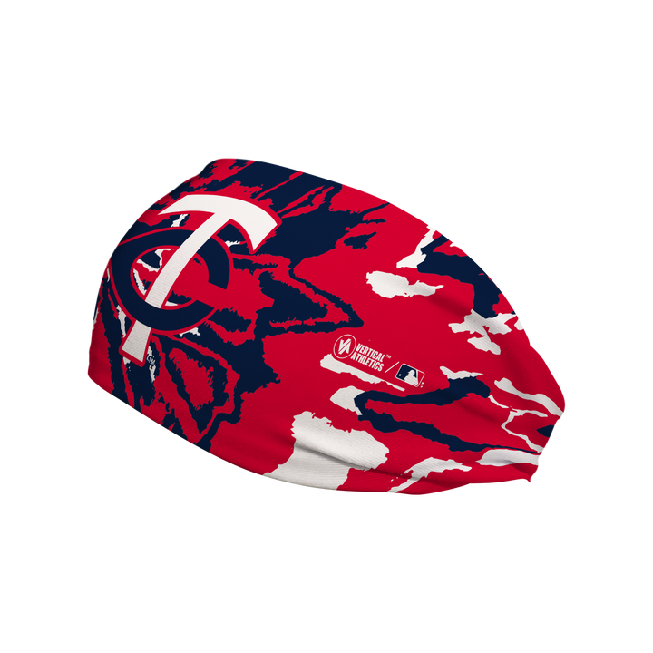 Side view of MLB Minnesota Twins tie-dye  headband with cap logo. Made in USA, Vertical Athletics brand.  