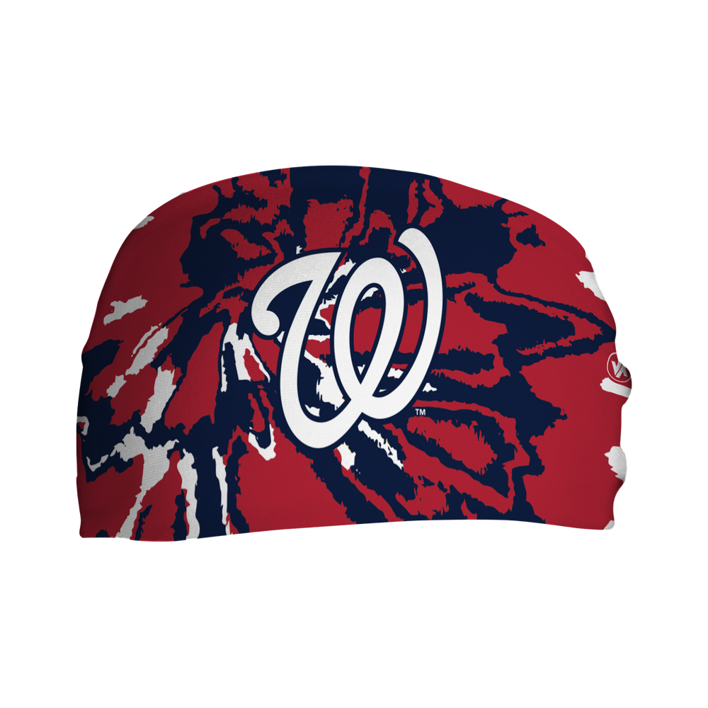 Front view of MLB Washington Nationals Tie-Dye headband with cap logo. Made in USA, Vertical Athletics brand.  